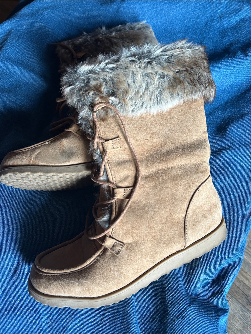 Jelly pop Women's Tan Faux-Fur Lace-Up lightweight Winter Boots
